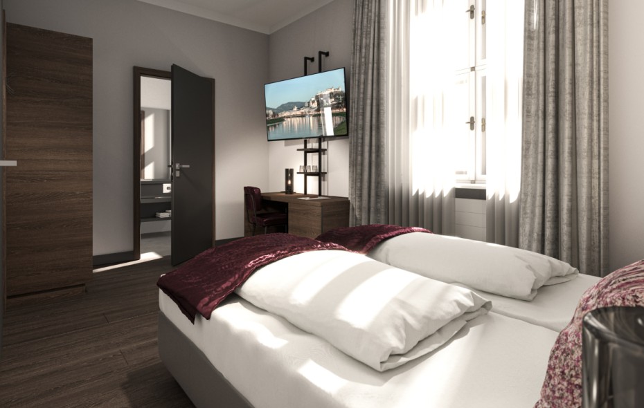 Modern boutique hotel double room with a box-spring bed in the city of Salzburg right in the center, featuring a TV, refrigerator, and free Wi-Fi.
