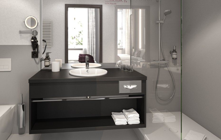 Modern bathroom in the Cityhotel Andrae in the center of Salzburg.